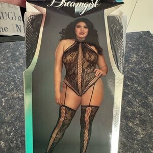 Dreamgirl Black Lace Halter Bodysuit with Stockings